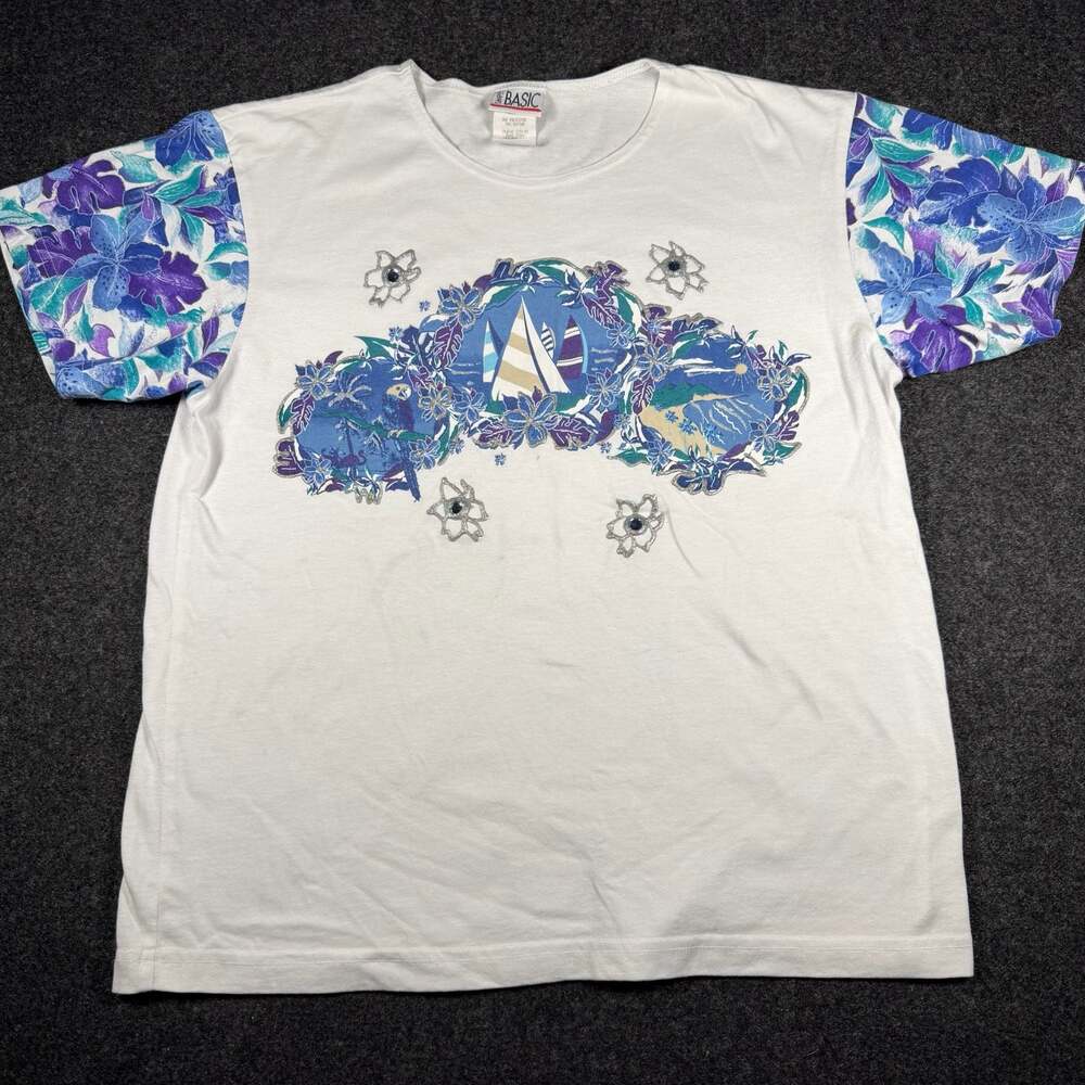 Vintage 90s Simply Basic Tropical Sailboat Floral Graphic T-Shirt Medium